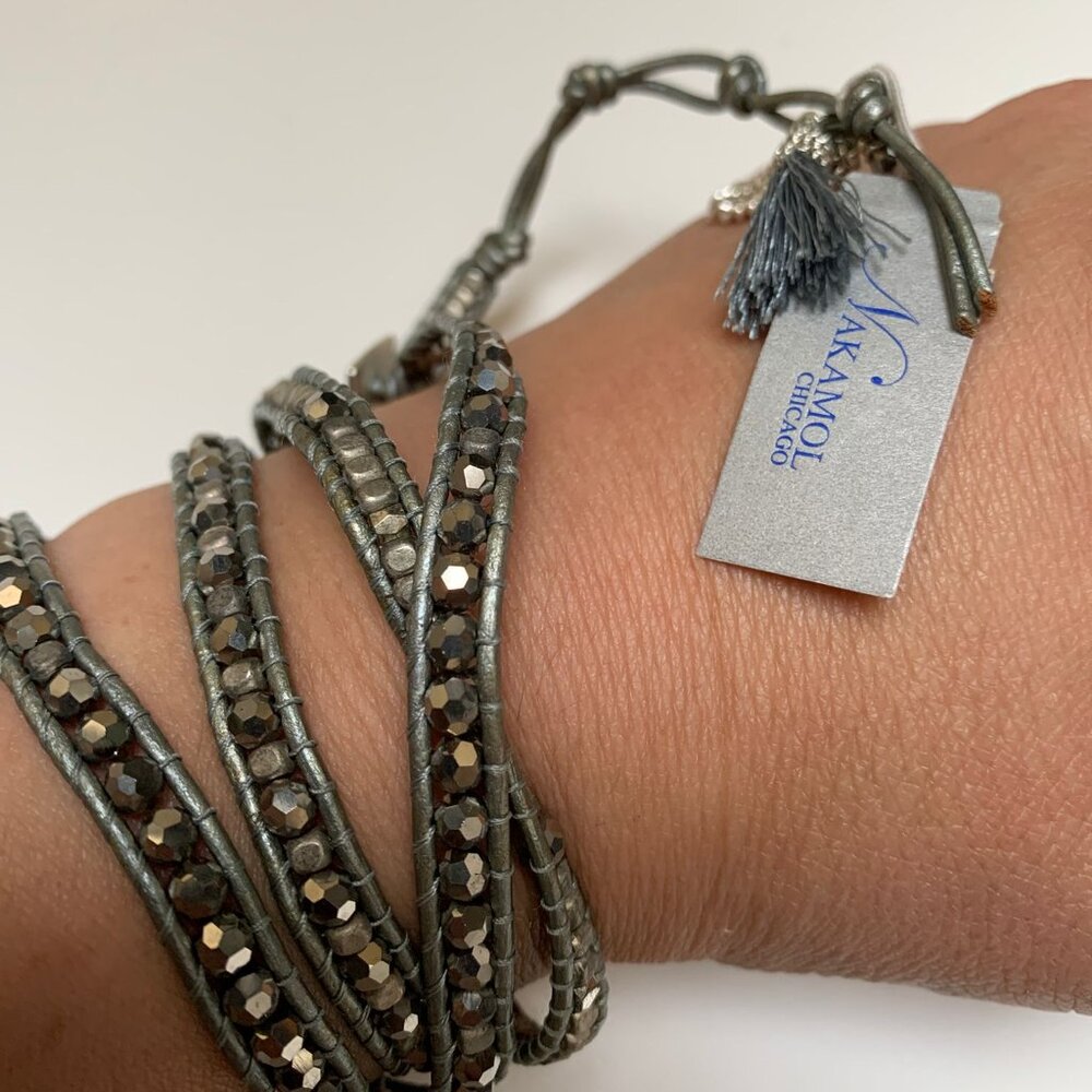 BNWT- Nakamol Chicago Grey Leather Beaded Bracelet